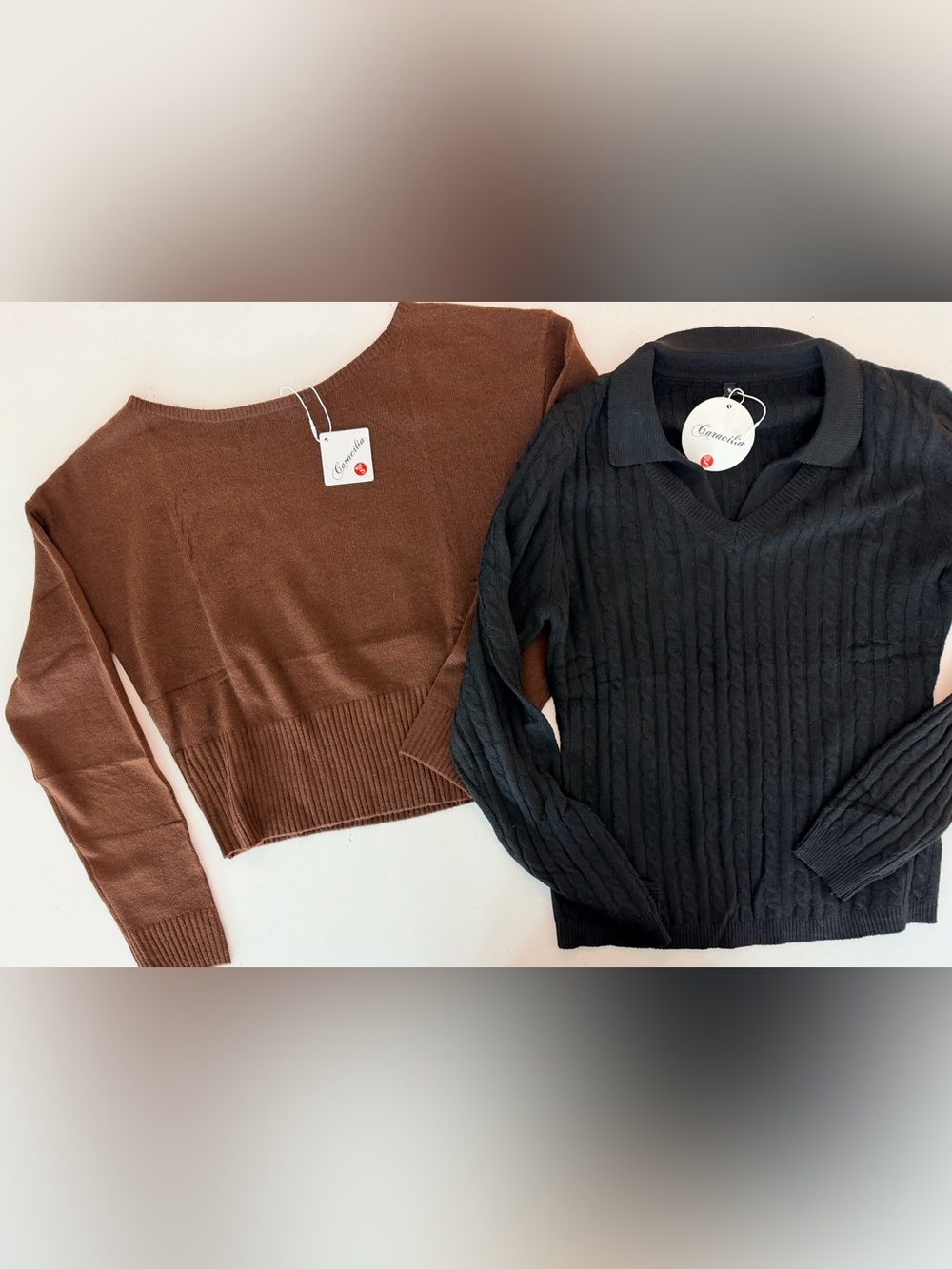 Brown Cropped Sweater and Black Cable-Knit Polo Set